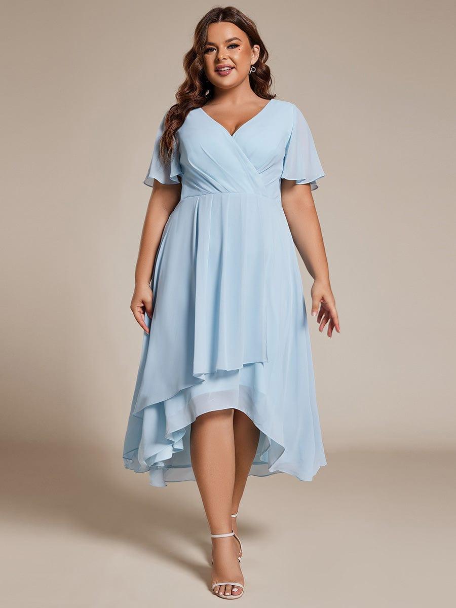 pretty LARK|Plus Size Chiffon Short Sleeves Pleated V-Neck A-Line Midi Wedding Guest Dress