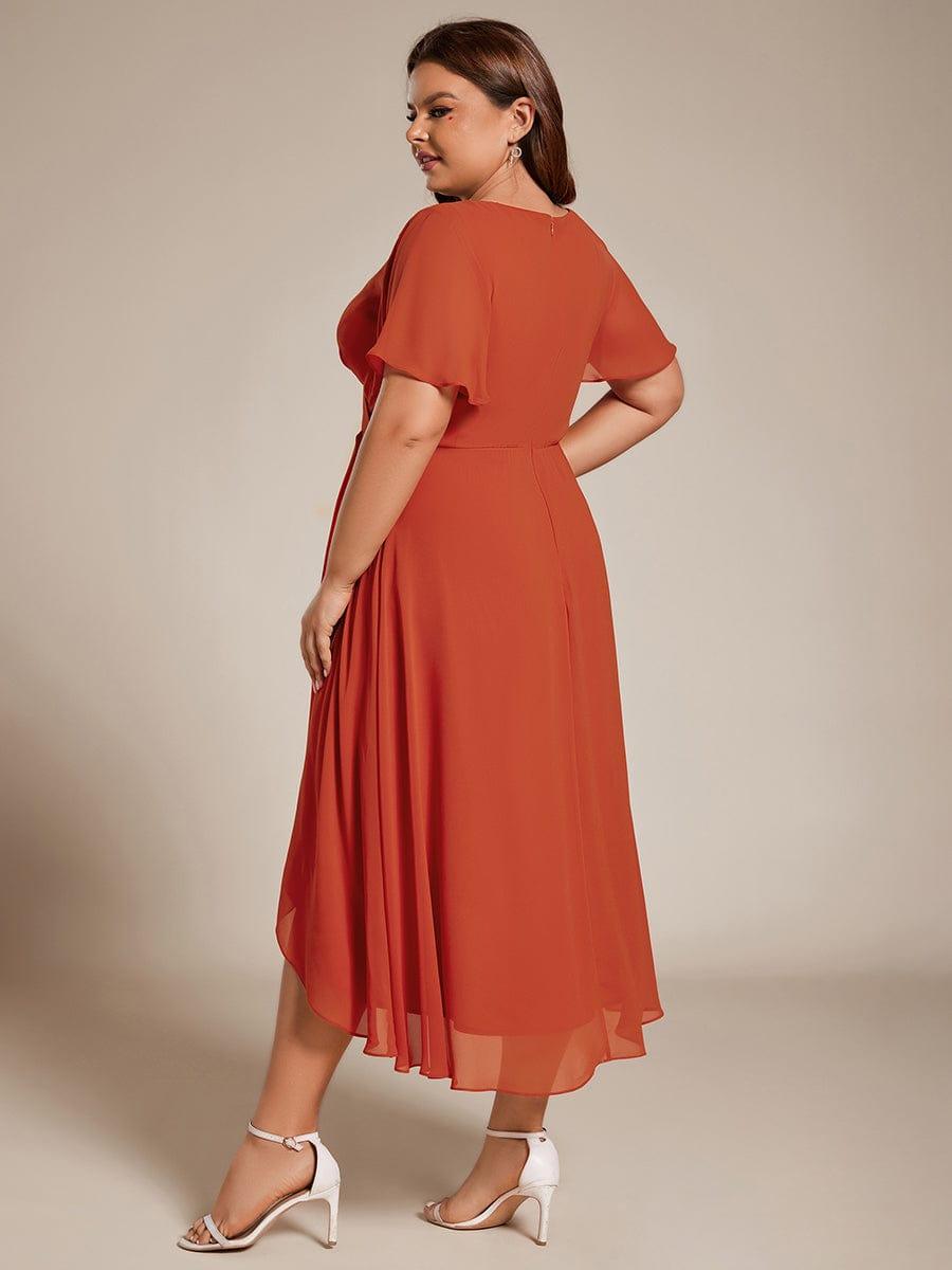 pretty LARK|Plus Size Chiffon Short Sleeves Pleated V-Neck A-Line Midi Wedding Guest Dress