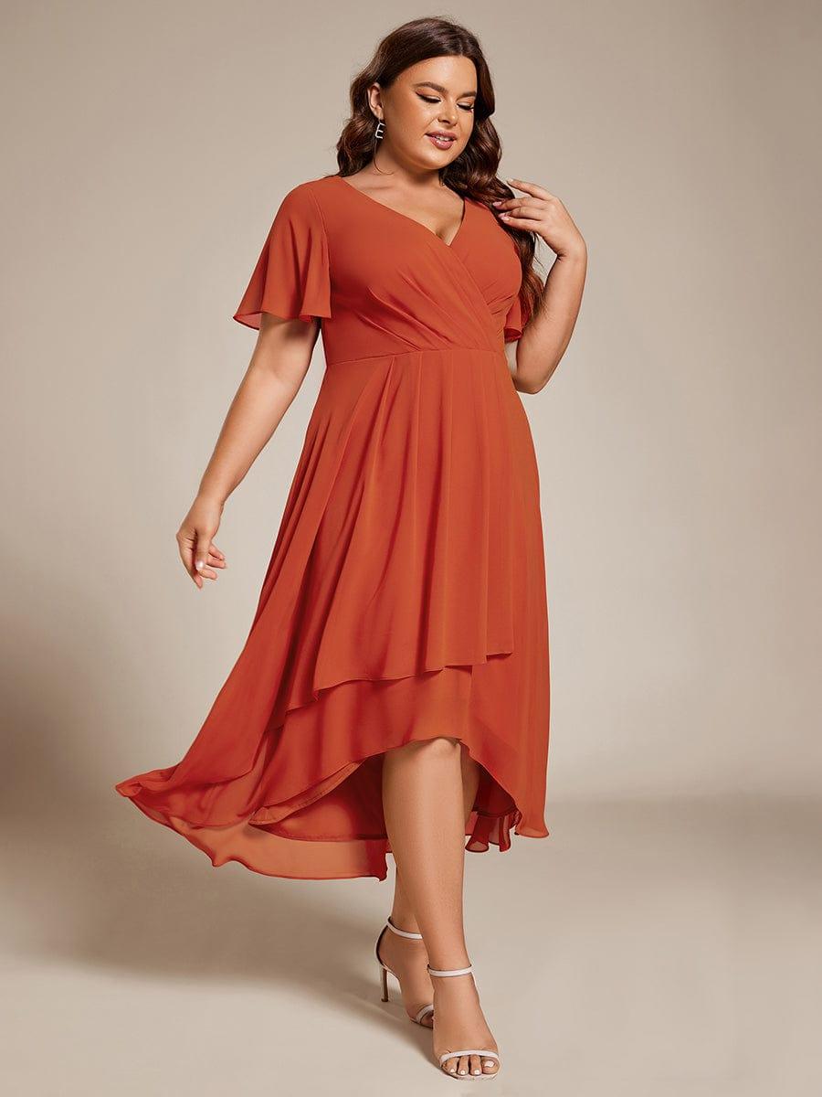 pretty LARK|Plus Size Chiffon Short Sleeves Pleated V-Neck A-Line Midi Wedding Guest Dress