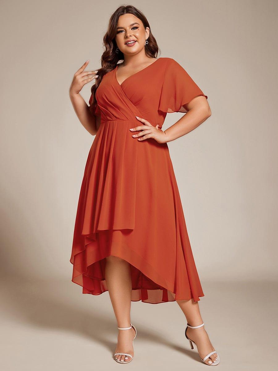 pretty LARK|Plus Size Chiffon Short Sleeves Pleated V-Neck A-Line Midi Wedding Guest Dress