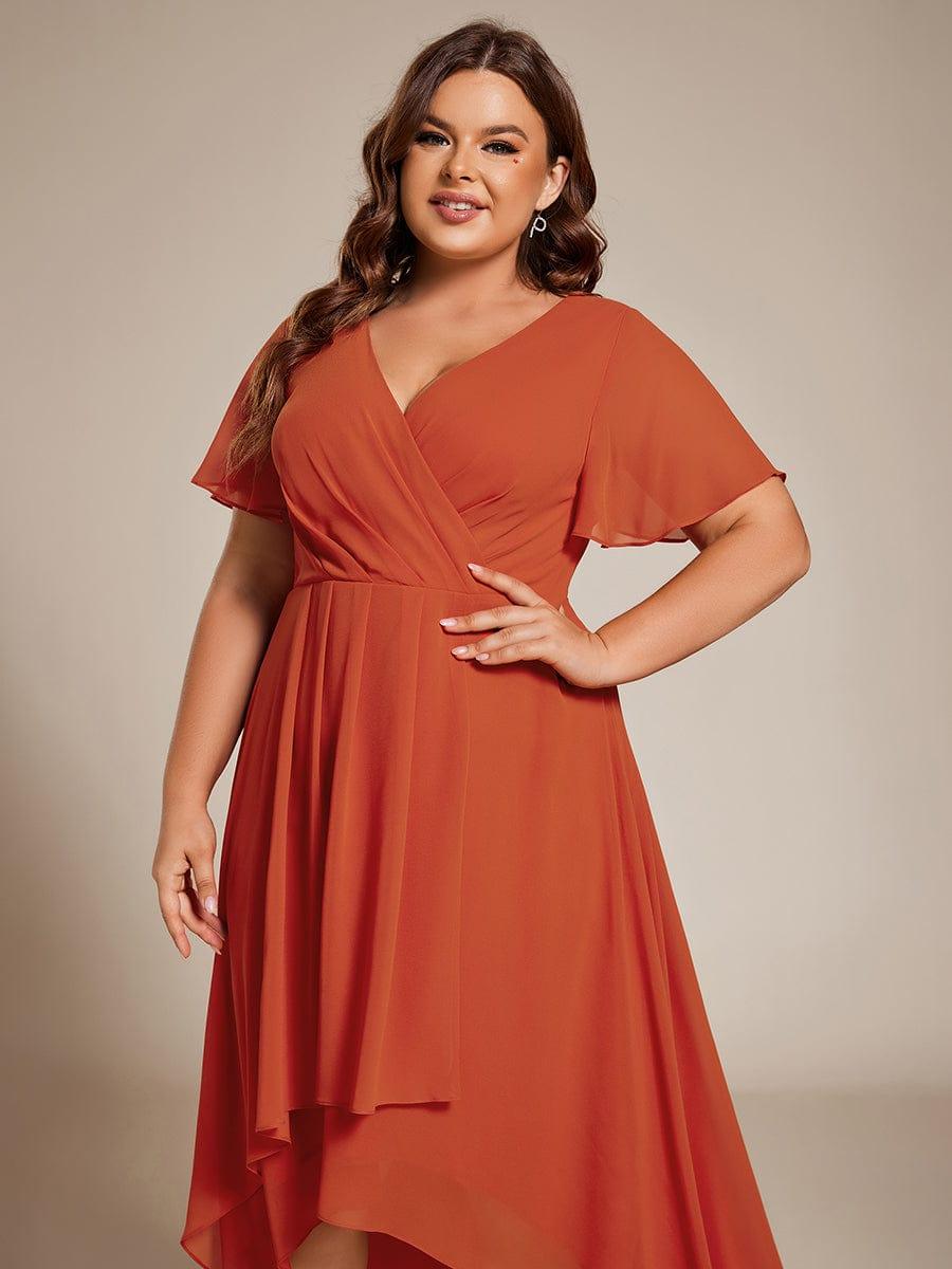 pretty LARK|Plus Size Chiffon Short Sleeves Pleated V-Neck A-Line Midi Wedding Guest Dress