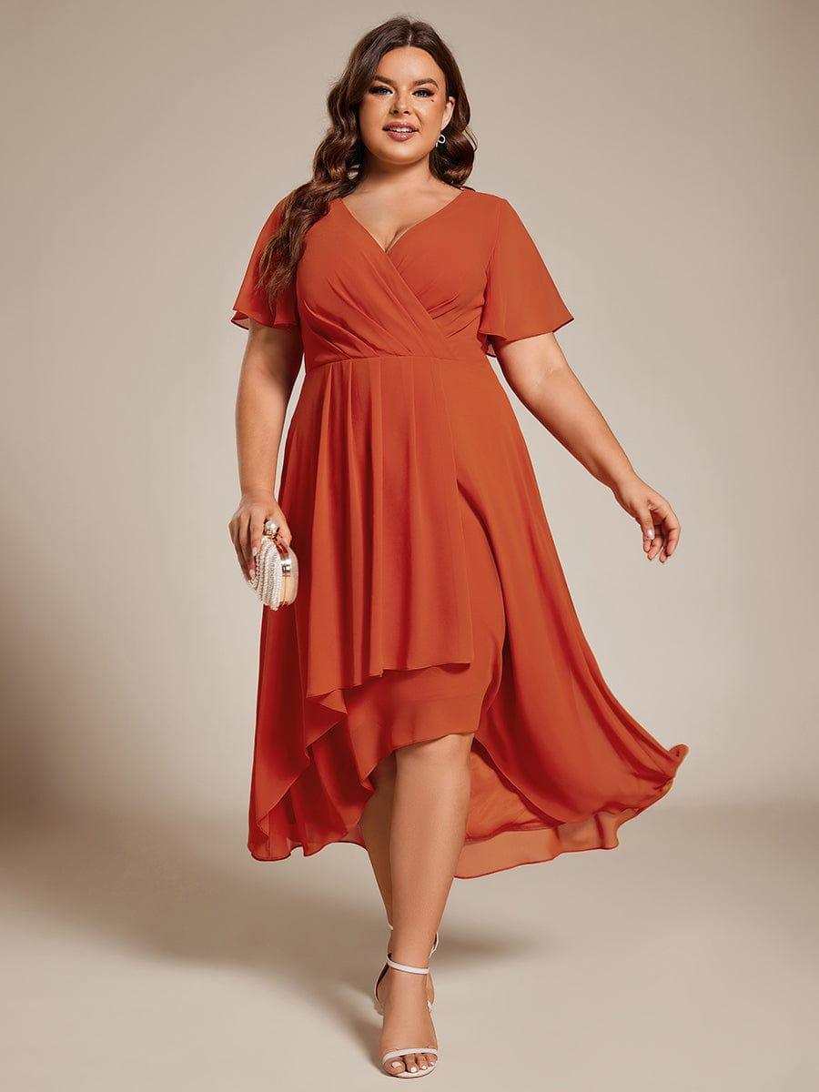 pretty LARK|Plus Size Chiffon Short Sleeves Pleated V-Neck A-Line Midi Wedding Guest Dress