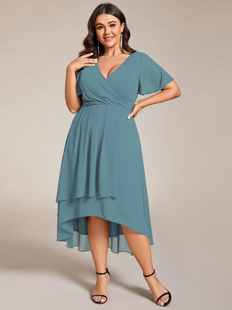 pretty LARK|Plus Size Chiffon Short Sleeves Pleated V-Neck A-Line Midi Wedding Guest Dress