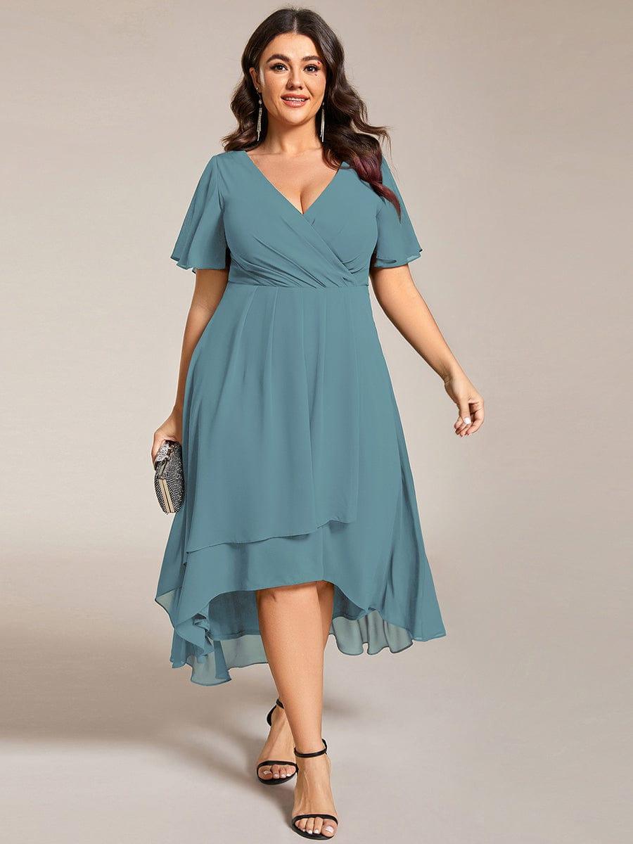 pretty LARK|Plus Size Chiffon Short Sleeves Pleated V-Neck A-Line Midi Wedding Guest Dress