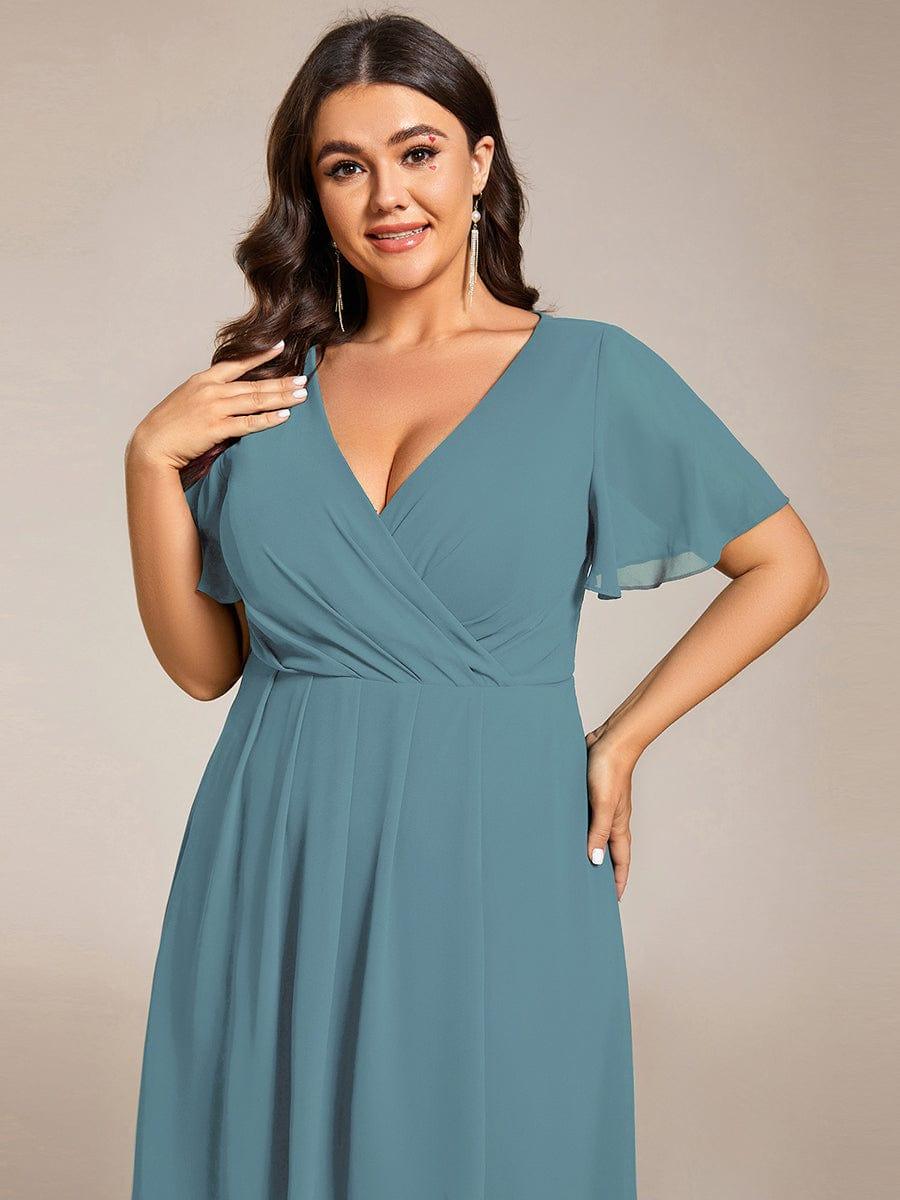 pretty LARK|Plus Size Chiffon Short Sleeves Pleated V-Neck A-Line Midi Wedding Guest Dress