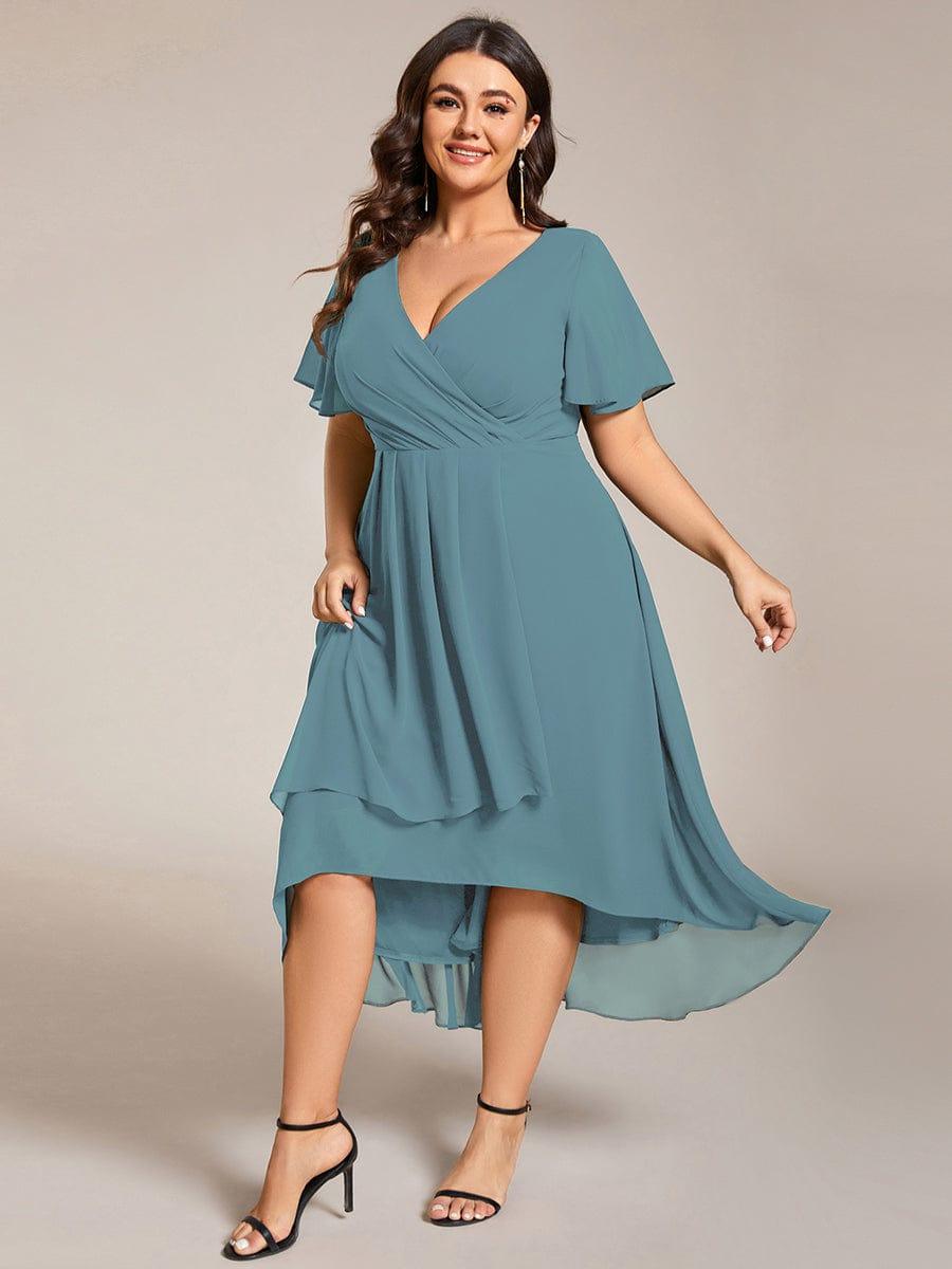 pretty LARK|Plus Size Chiffon Short Sleeves Pleated V-Neck A-Line Midi Wedding Guest Dress
