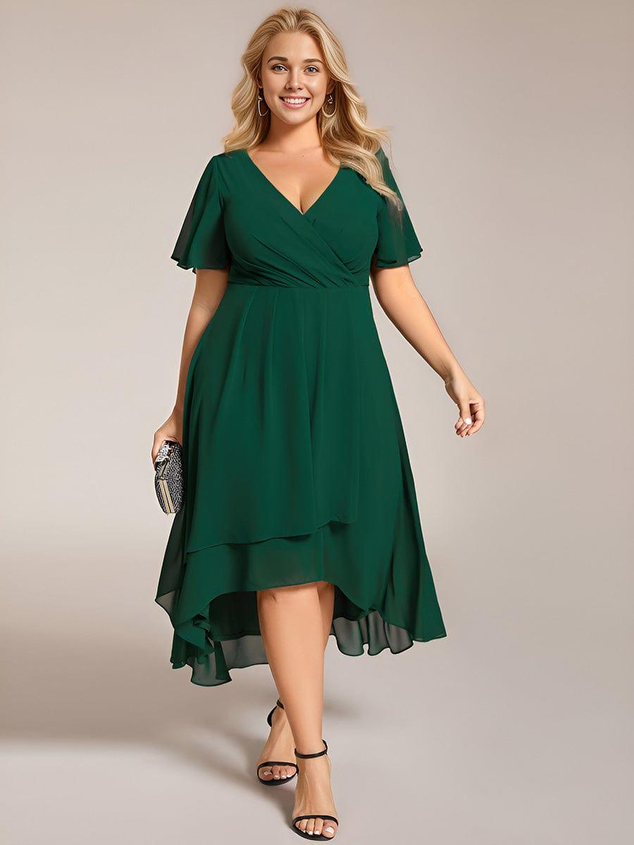pretty LARK|Plus Size Chiffon Short Sleeves Pleated V-Neck A-Line Midi Wedding Guest Dress