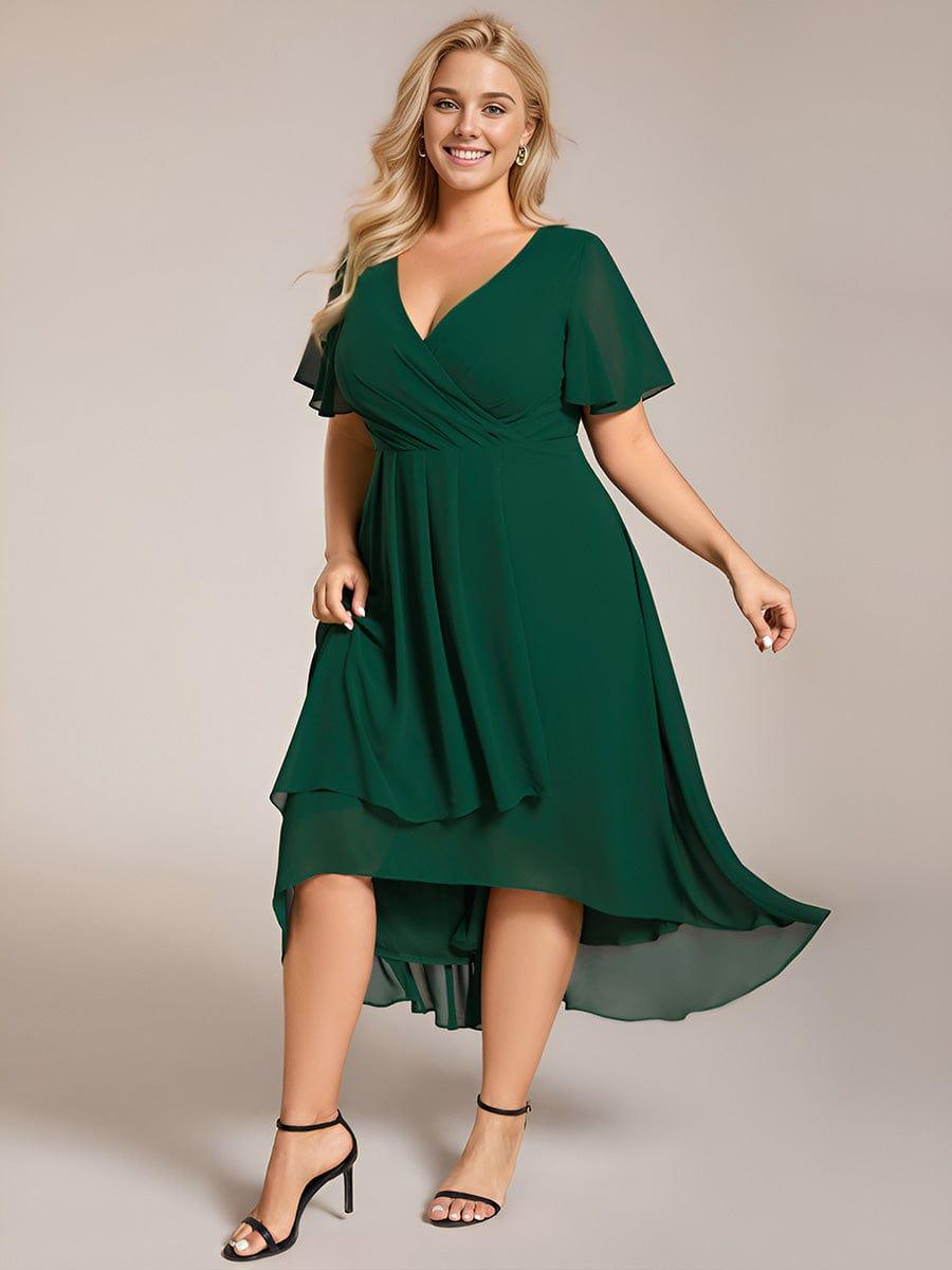 pretty LARK|Plus Size Chiffon Short Sleeves Pleated V-Neck A-Line Midi Wedding Guest Dress