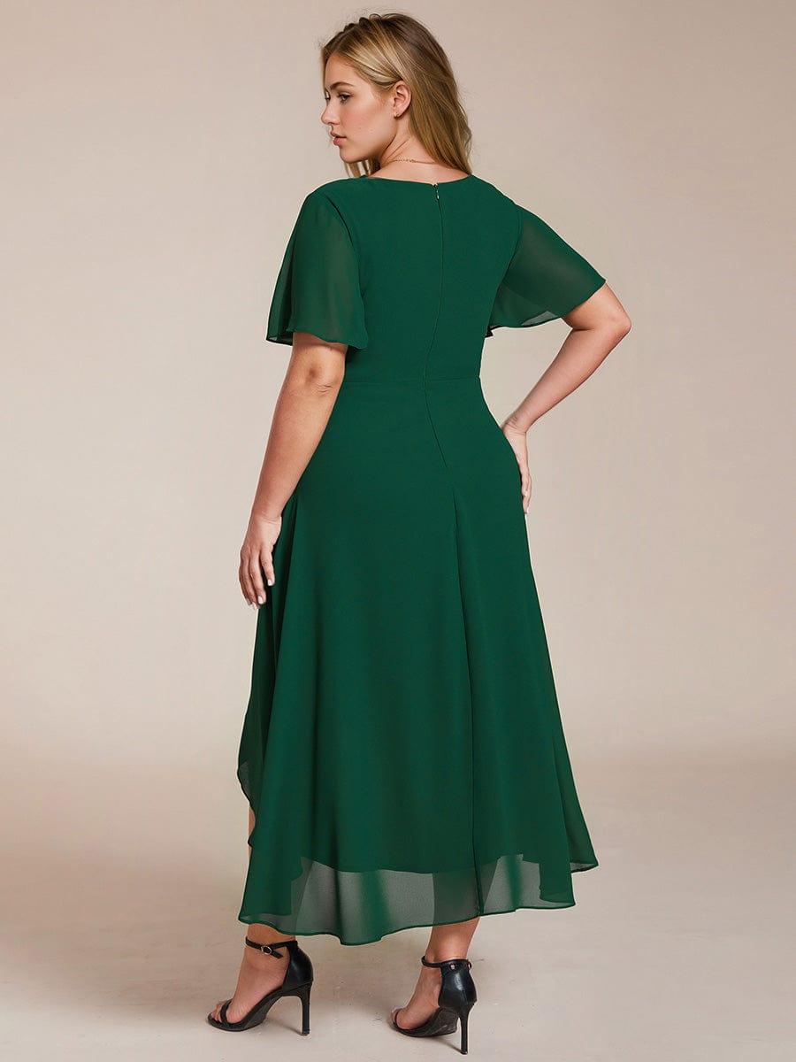 pretty LARK|Plus Size Chiffon Short Sleeves Pleated V-Neck A-Line Midi Wedding Guest Dress