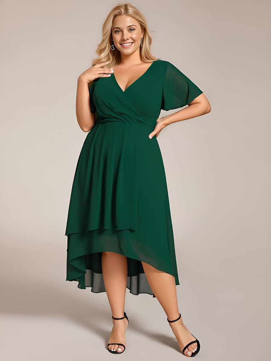 pretty LARK|Plus Size Chiffon Short Sleeves Pleated V-Neck A-Line Midi Wedding Guest Dress