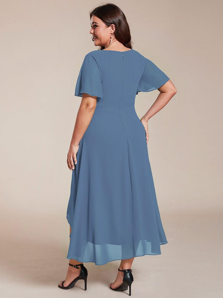 pretty LARK|Plus Size Chiffon Short Sleeves Pleated V-Neck A-Line Midi Wedding Guest Dress