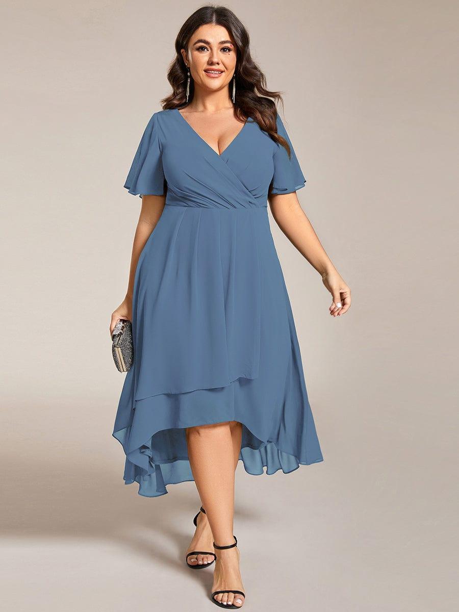 pretty LARK|Plus Size Chiffon Short Sleeves Pleated V-Neck A-Line Midi Wedding Guest Dress