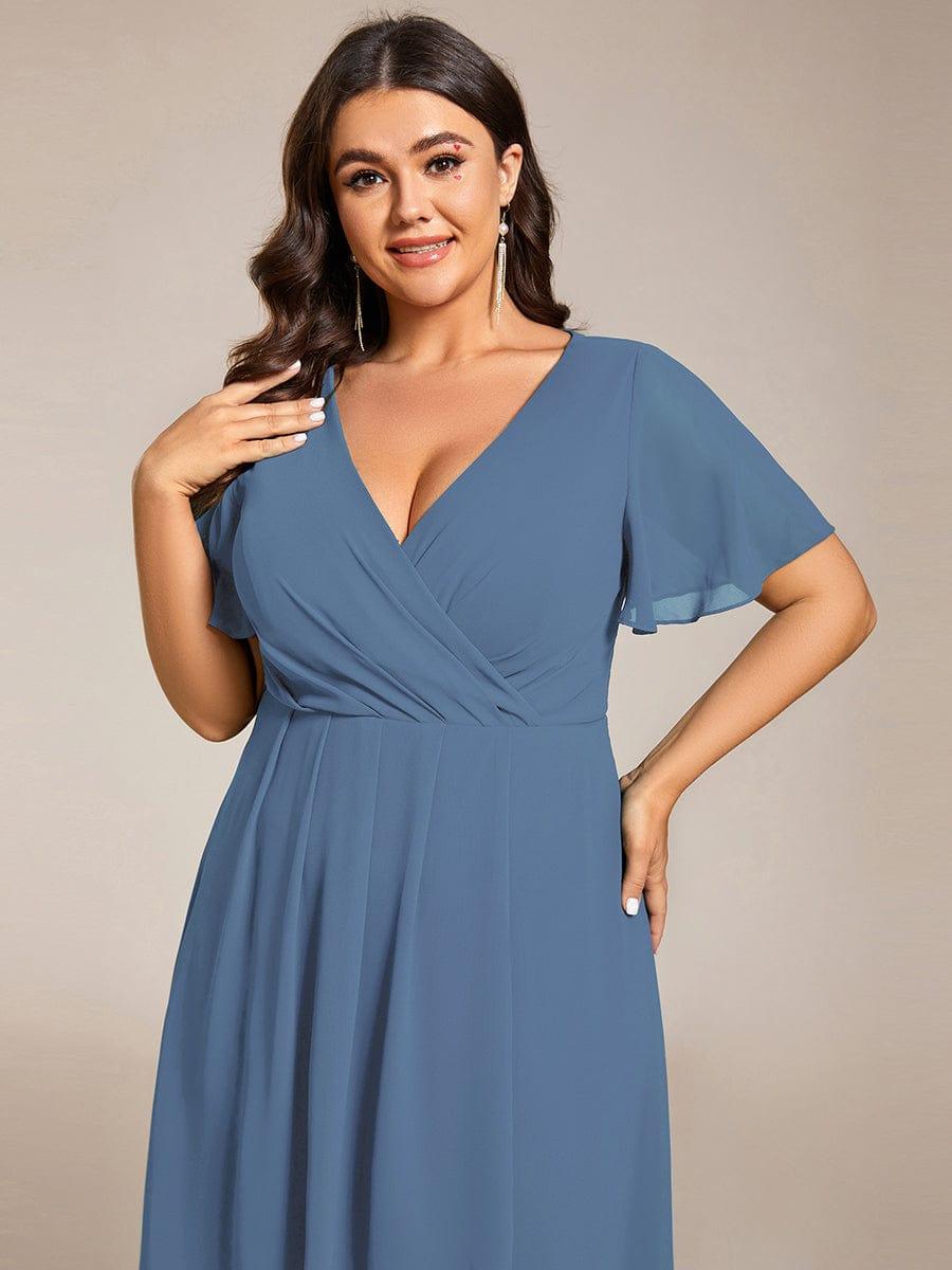pretty LARK|Plus Size Chiffon Short Sleeves Pleated V-Neck A-Line Midi Wedding Guest Dress