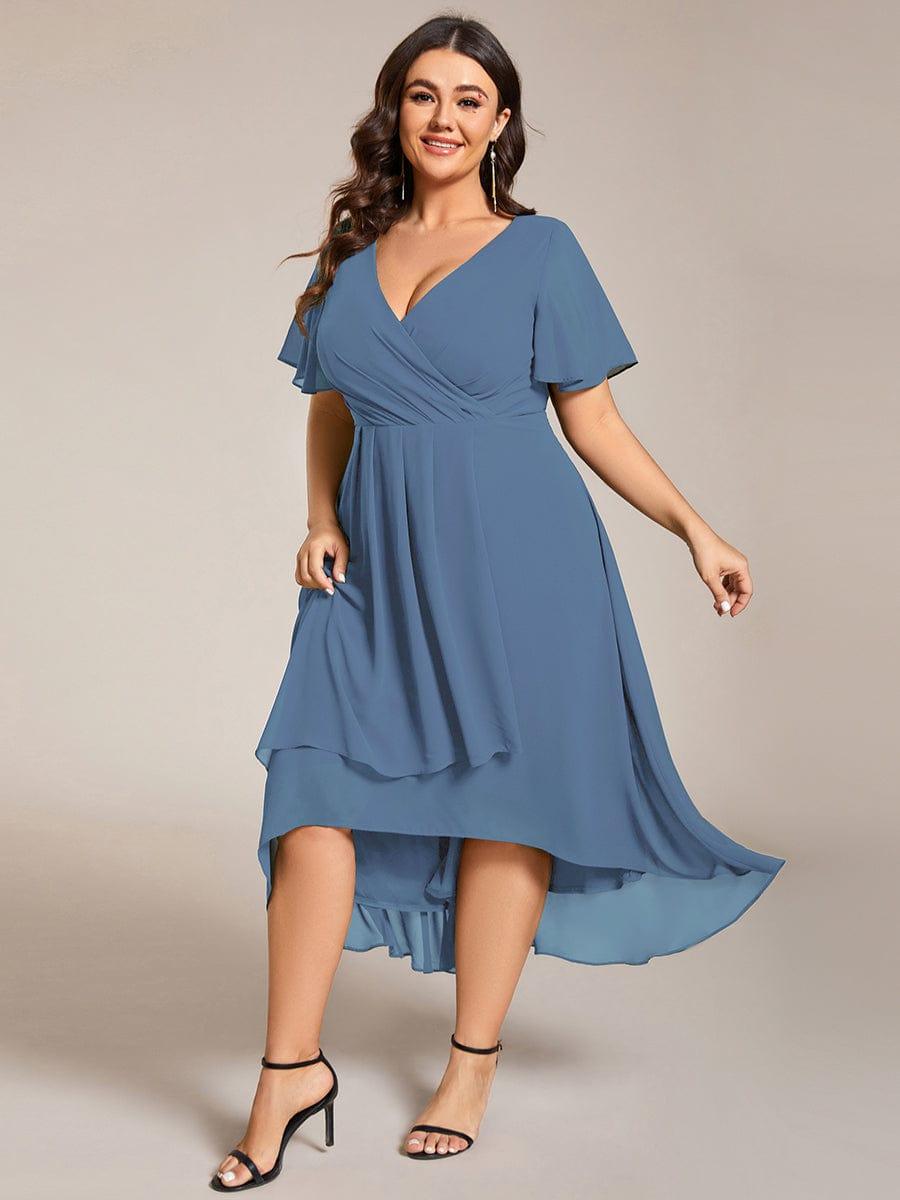 pretty LARK|Plus Size Chiffon Short Sleeves Pleated V-Neck A-Line Midi Wedding Guest Dress