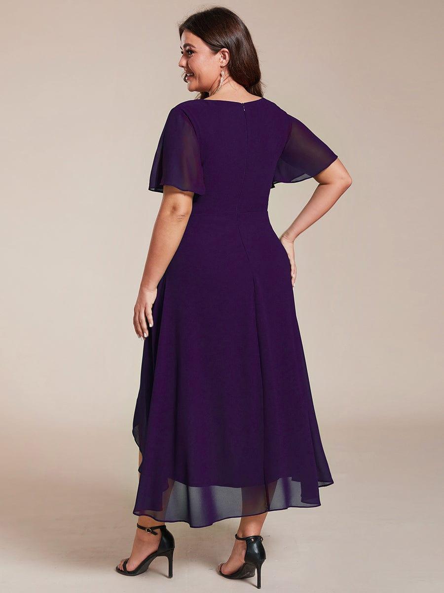 pretty LARK|Plus Size Chiffon Short Sleeves Pleated V-Neck A-Line Midi Wedding Guest Dress