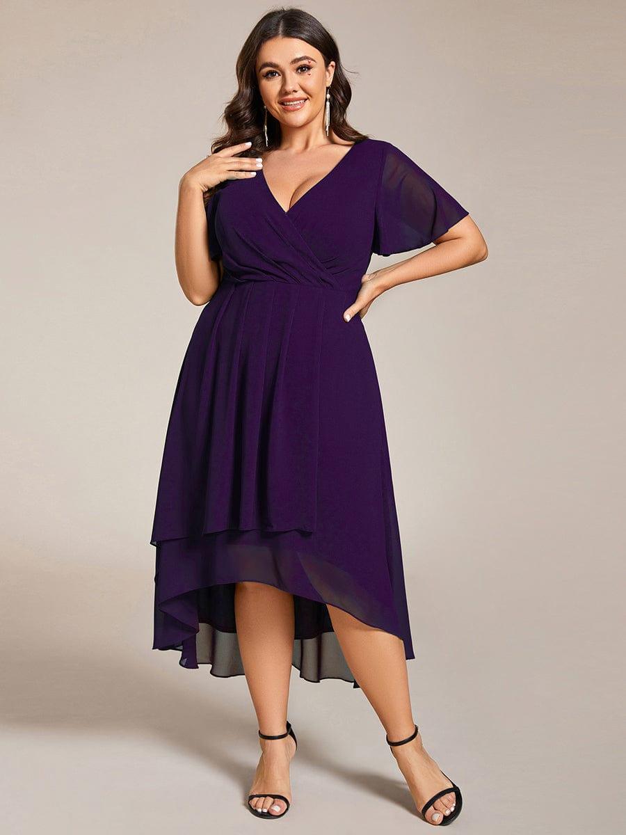 pretty LARK|Plus Size Chiffon Short Sleeves Pleated V-Neck A-Line Midi Wedding Guest Dress