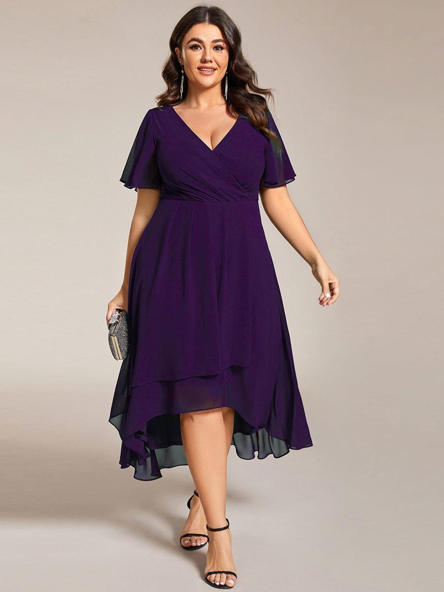 pretty LARK|Plus Size Chiffon Short Sleeves Pleated V-Neck A-Line Midi Wedding Guest Dress