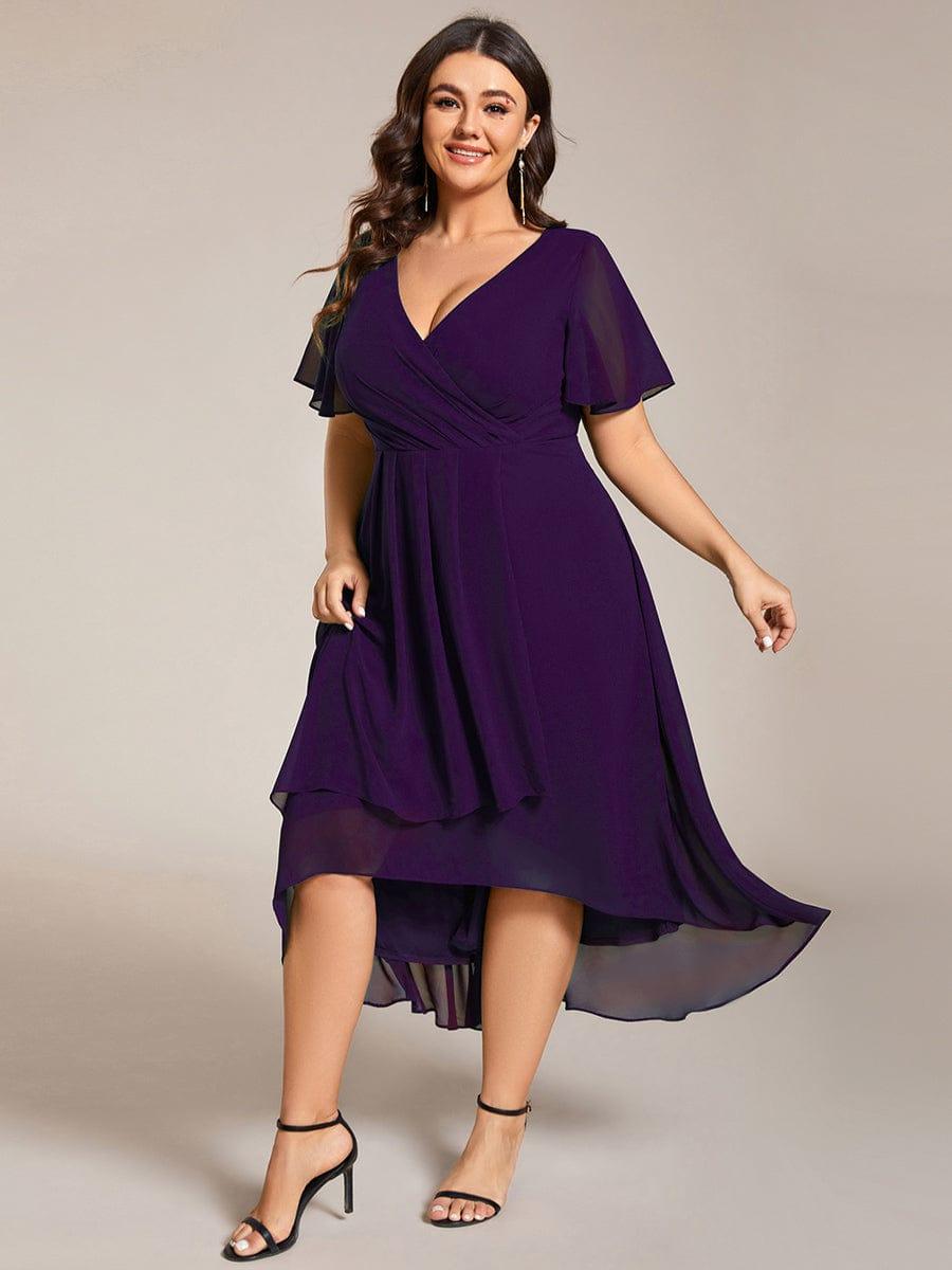 pretty LARK|Plus Size Chiffon Short Sleeves Pleated V-Neck A-Line Midi Wedding Guest Dress