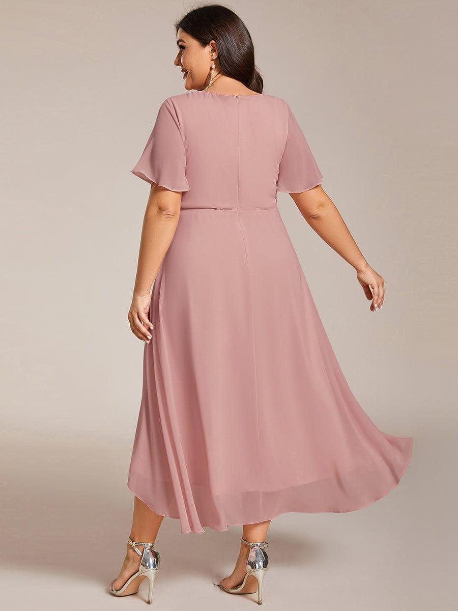 pretty LARK|Plus Size Chiffon Short Sleeves Pleated V-Neck A-Line Midi Wedding Guest Dress
