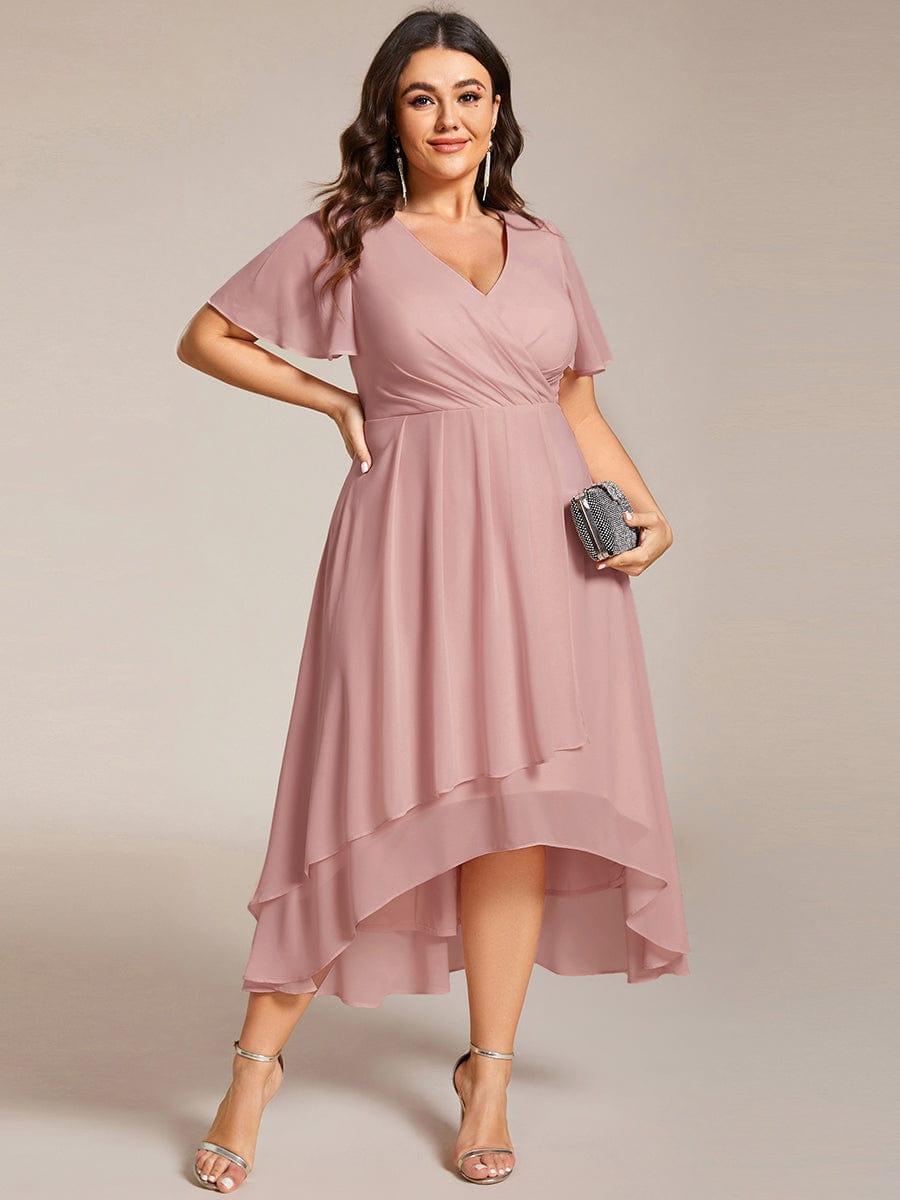 pretty LARK|Plus Size Chiffon Short Sleeves Pleated V-Neck A-Line Midi Wedding Guest Dress