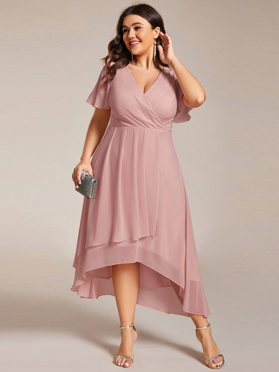 pretty LARK|Plus Size Chiffon Short Sleeves Pleated V-Neck A-Line Midi Wedding Guest Dress