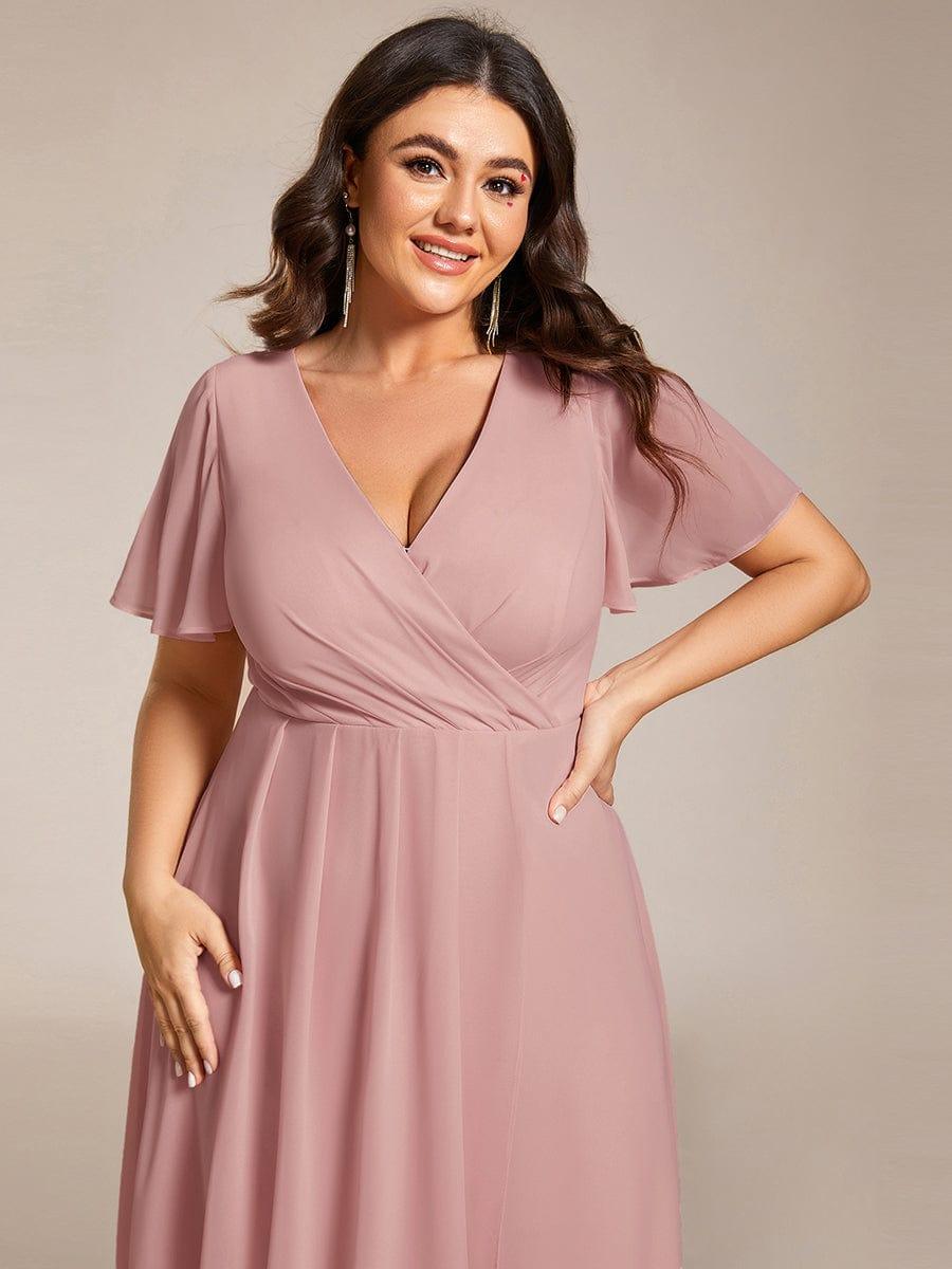 pretty LARK|Plus Size Chiffon Short Sleeves Pleated V-Neck A-Line Midi Wedding Guest Dress