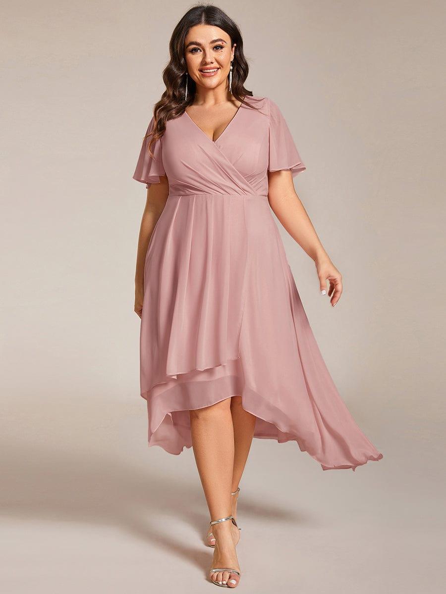 pretty LARK|Plus Size Chiffon Short Sleeves Pleated V-Neck A-Line Midi Wedding Guest Dress