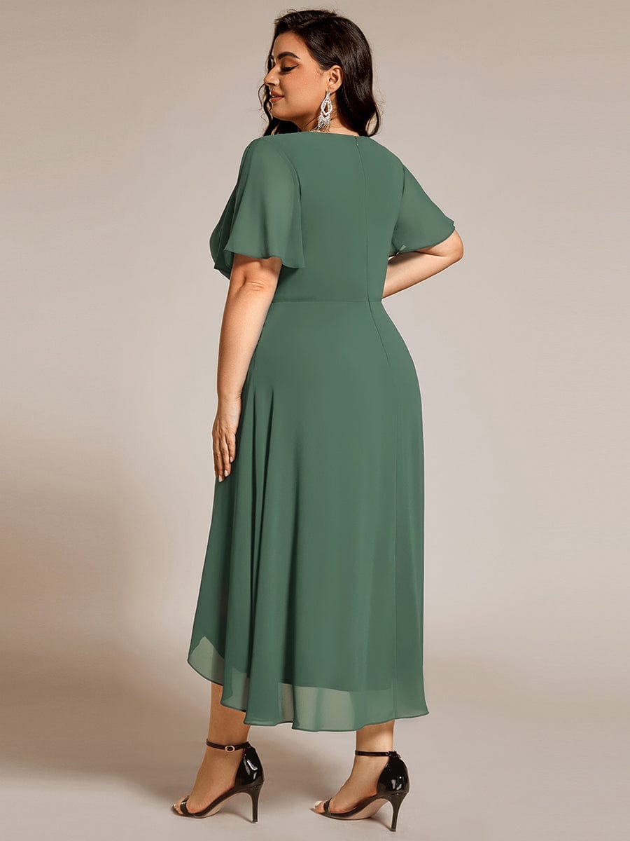 pretty LARK|Plus Size Chiffon Short Sleeves Pleated V-Neck A-Line Midi Wedding Guest Dress