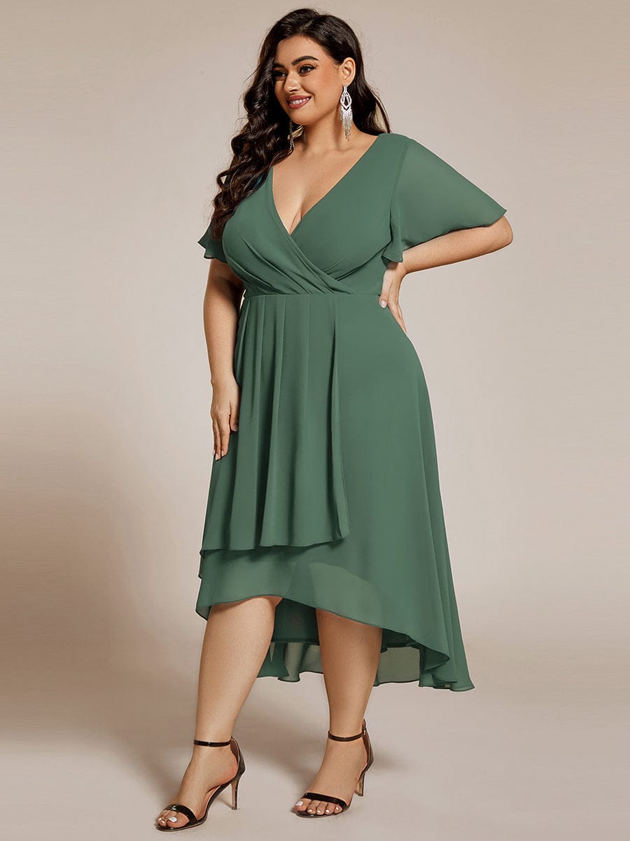 pretty LARK|Plus Size Chiffon Short Sleeves Pleated V-Neck A-Line Midi Wedding Guest Dress