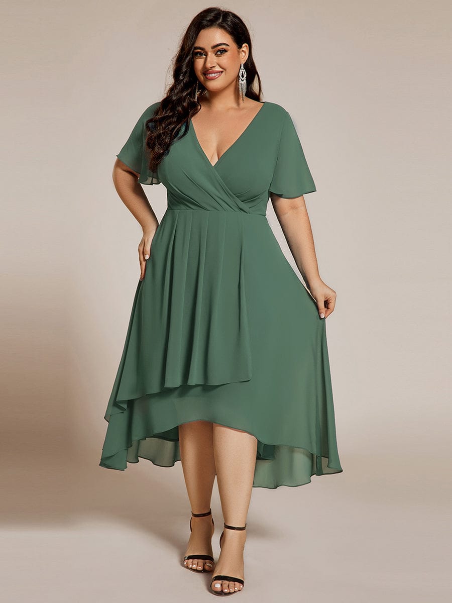pretty LARK|Plus Size Chiffon Short Sleeves Pleated V-Neck A-Line Midi Wedding Guest Dress