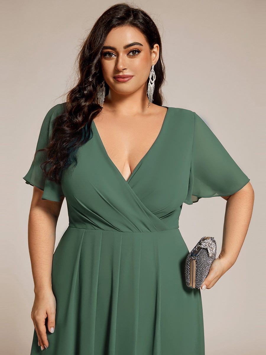 pretty LARK|Plus Size Chiffon Short Sleeves Pleated V-Neck A-Line Midi Wedding Guest Dress