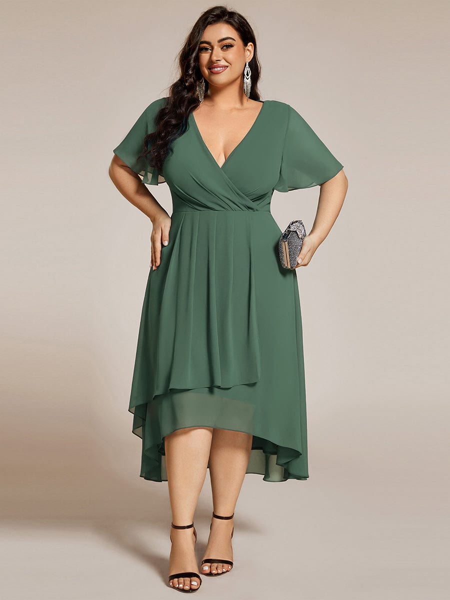 pretty LARK|Plus Size Chiffon Short Sleeves Pleated V-Neck A-Line Midi Wedding Guest Dress