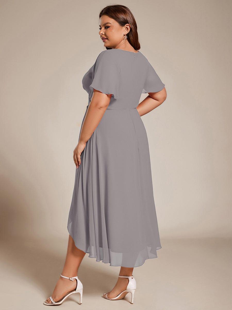 pretty LARK|Plus Size Chiffon Short Sleeves Pleated V-Neck A-Line Midi Wedding Guest Dress