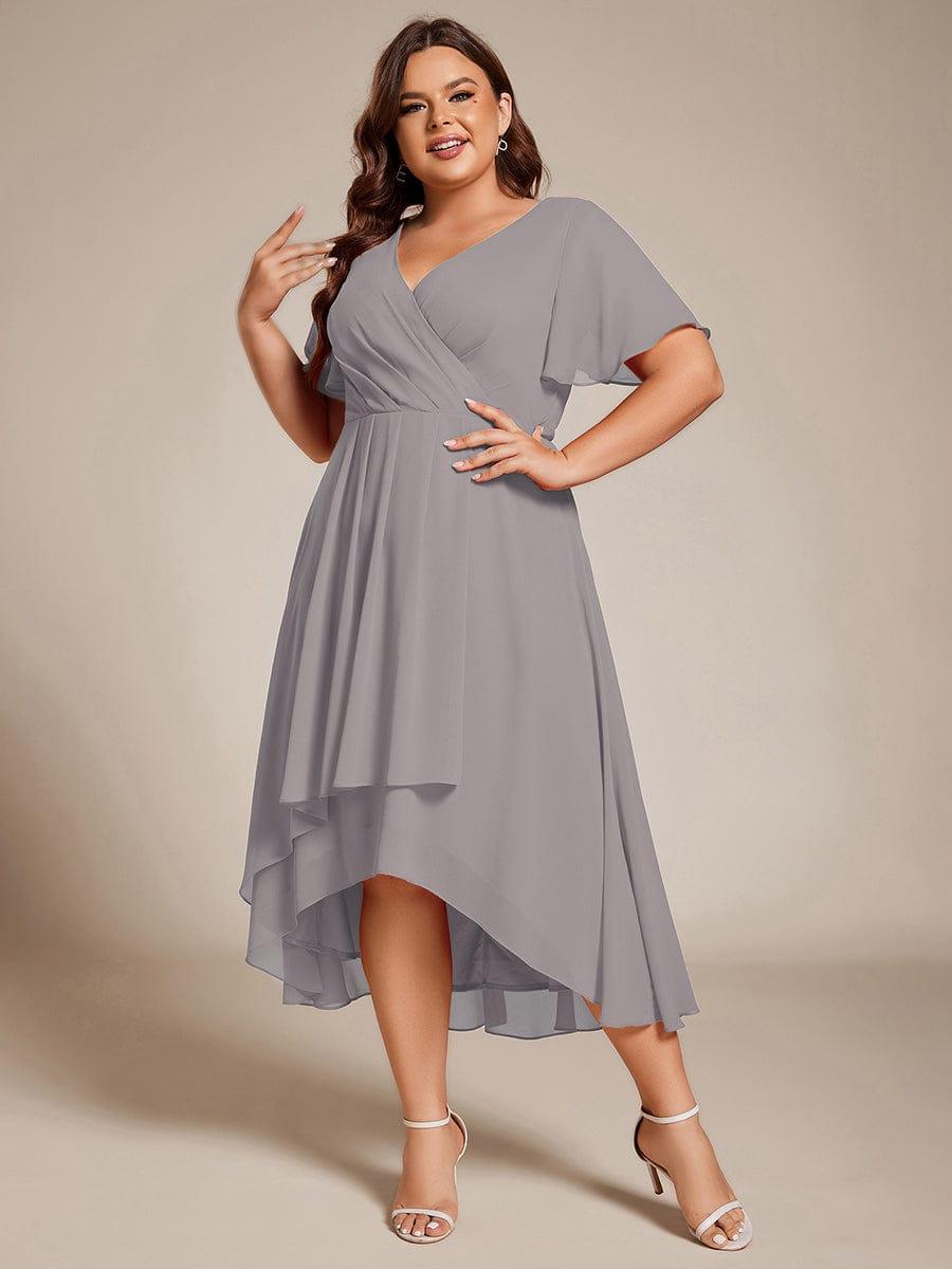 pretty LARK|Plus Size Chiffon Short Sleeves Pleated V-Neck A-Line Midi Wedding Guest Dress