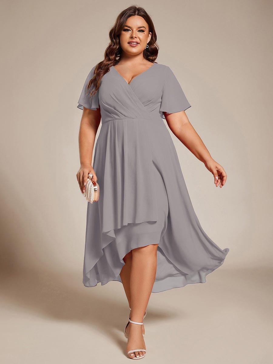 pretty LARK|Plus Size Chiffon Short Sleeves Pleated V-Neck A-Line Midi Wedding Guest Dress