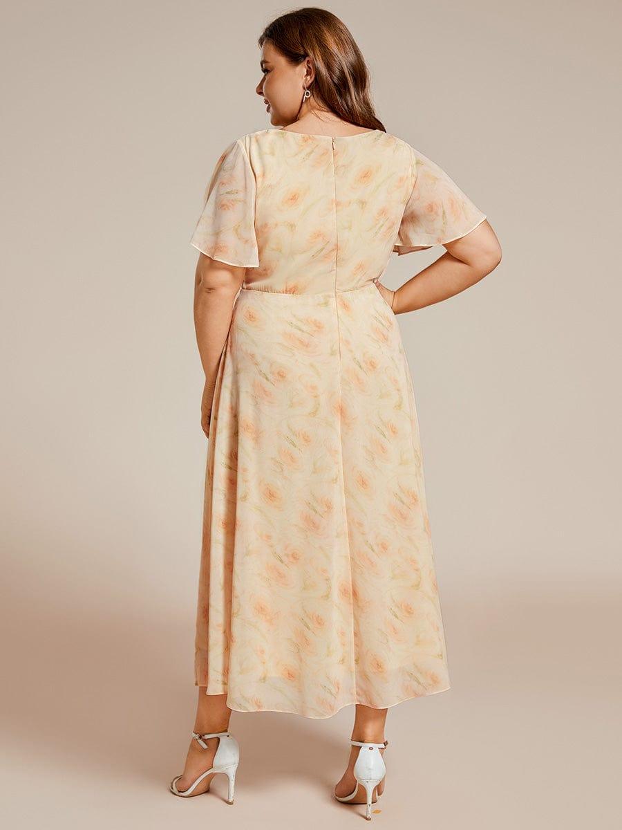 pretty LARK|Plus Size Chiffon Short Sleeves Pleated V-Neck A-Line Midi Wedding Guest Dress
