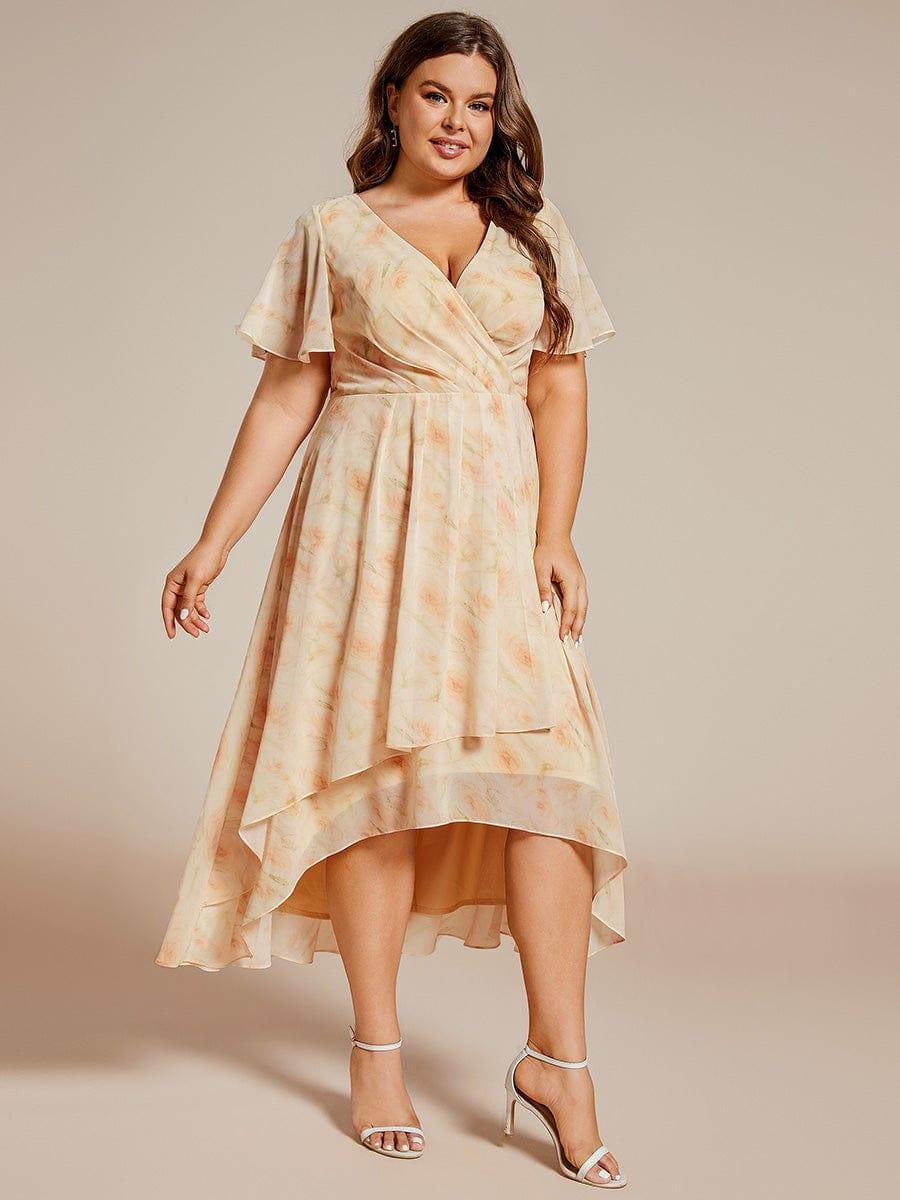 pretty LARK|Plus Size Chiffon Short Sleeves Pleated V-Neck A-Line Midi Wedding Guest Dress