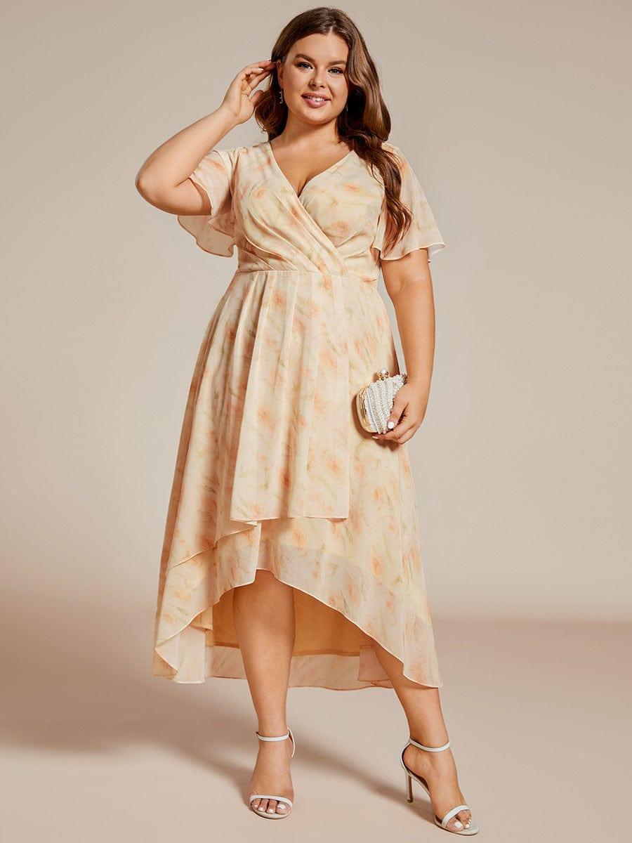 pretty LARK|Plus Size Chiffon Short Sleeves Pleated V-Neck A-Line Midi Wedding Guest Dress