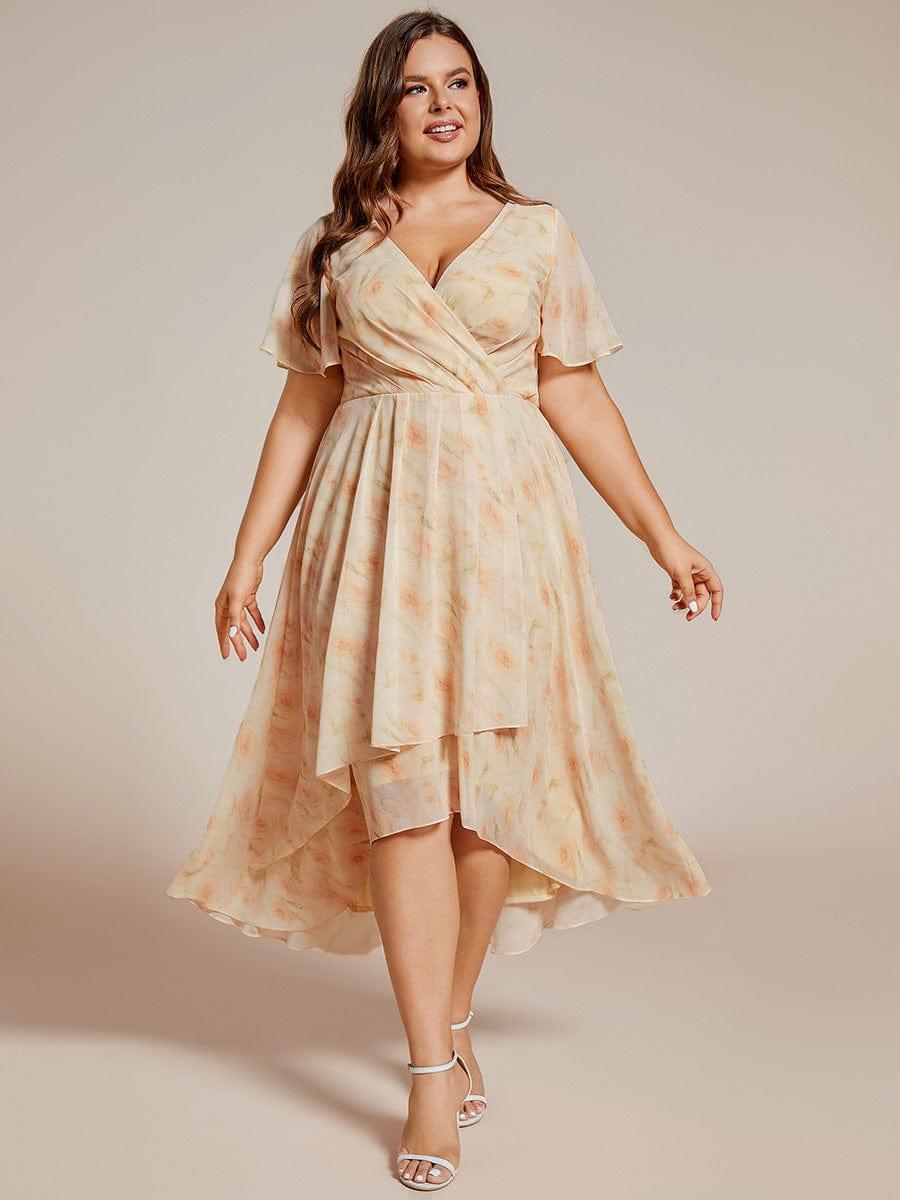 pretty LARK|Plus Size Chiffon Short Sleeves Pleated V-Neck A-Line Midi Wedding Guest Dress
