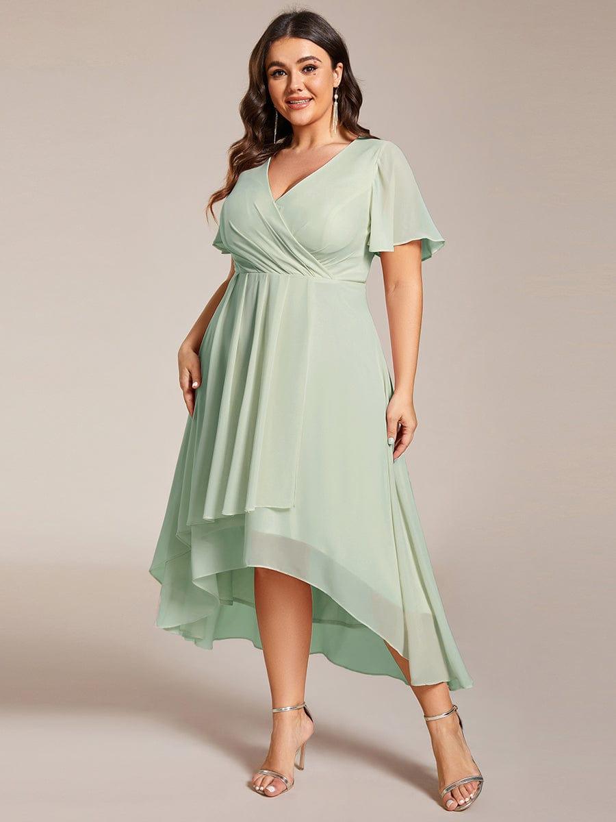 pretty LARK|Plus Size Chiffon Short Sleeves Pleated V-Neck A-Line Midi Wedding Guest Dress