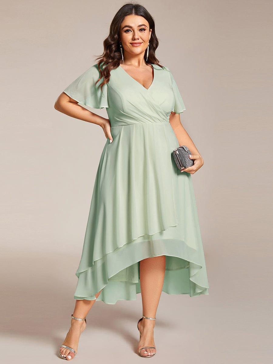 pretty LARK|Plus Size Chiffon Short Sleeves Pleated V-Neck A-Line Midi Wedding Guest Dress