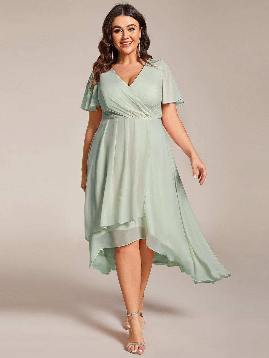 pretty LARK|Plus Size Chiffon Short Sleeves Pleated V-Neck A-Line Midi Wedding Guest Dress