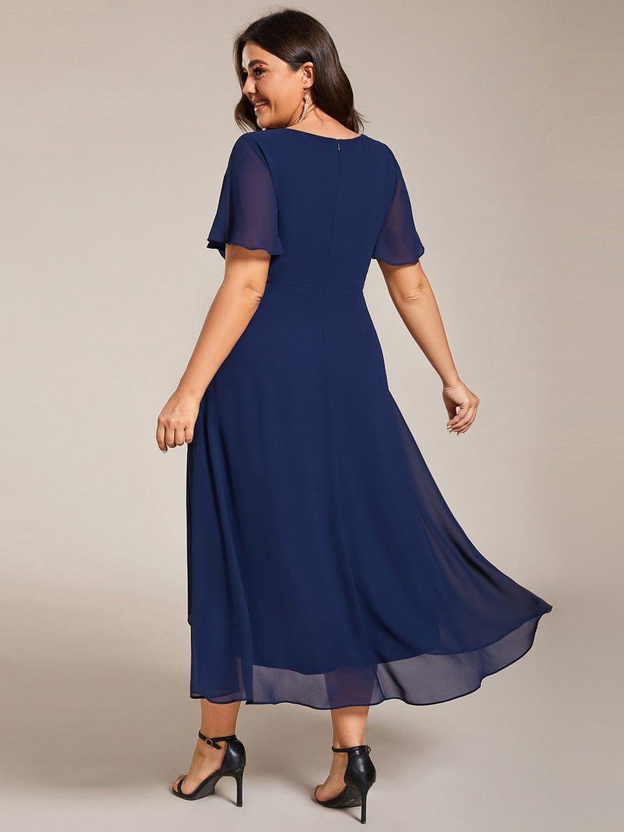 pretty LARK|Plus Size Chiffon Short Sleeves Pleated V-Neck A-Line Midi Wedding Guest Dress