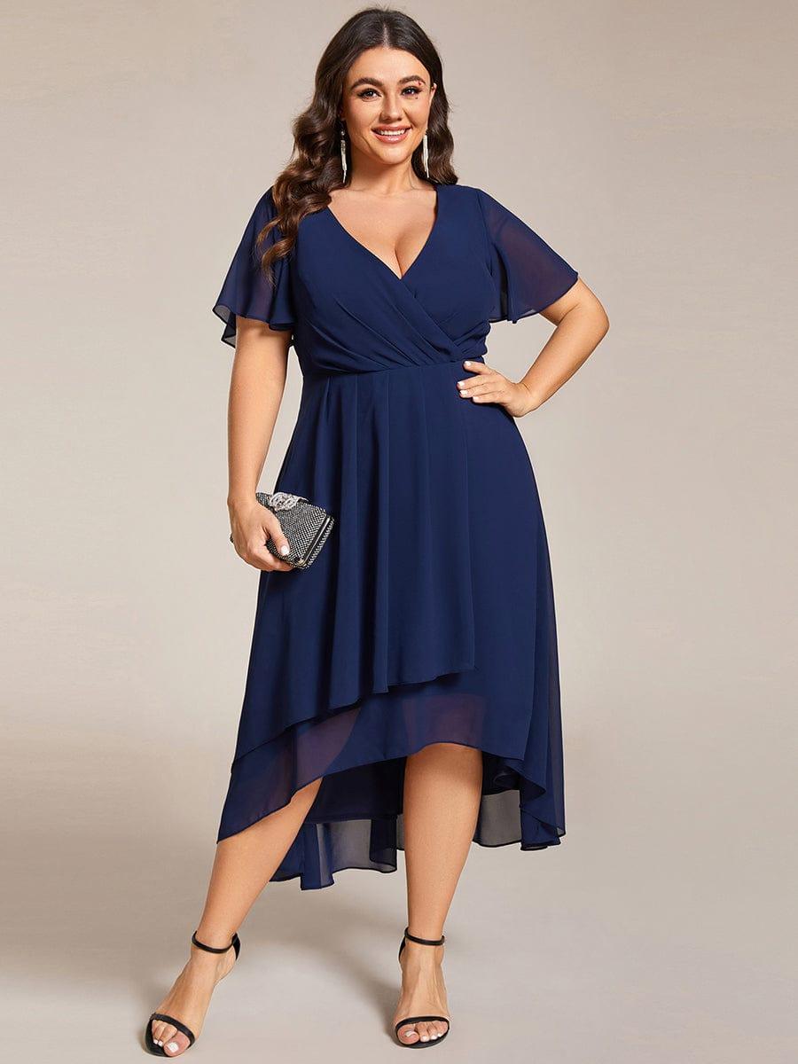 pretty LARK|Plus Size Chiffon Short Sleeves Pleated V-Neck A-Line Midi Wedding Guest Dress