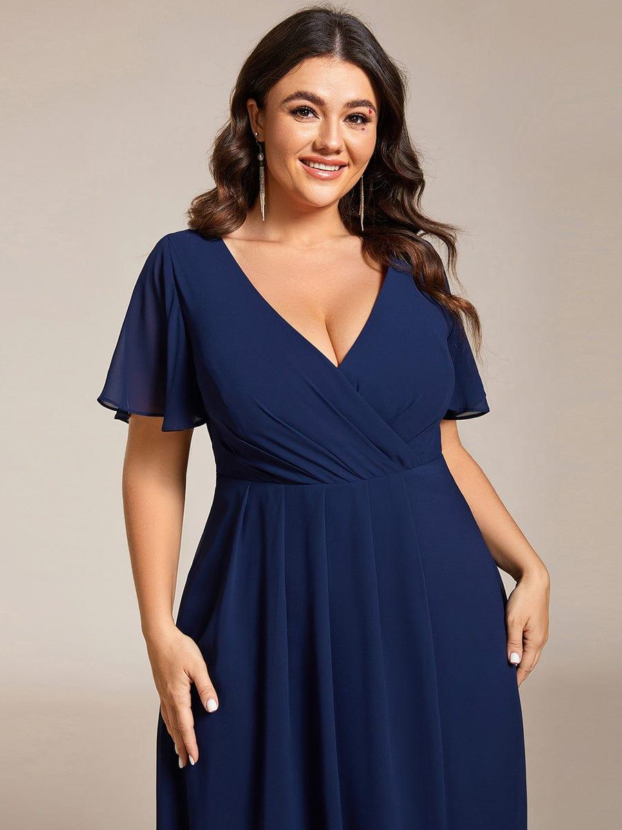 pretty LARK|Plus Size Chiffon Short Sleeves Pleated V-Neck A-Line Midi Wedding Guest Dress