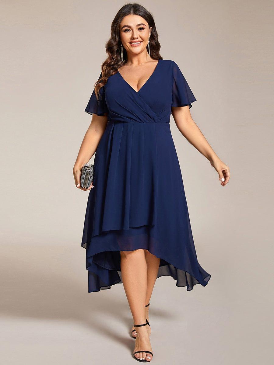 pretty LARK|Plus Size Chiffon Short Sleeves Pleated V-Neck A-Line Midi Wedding Guest Dress