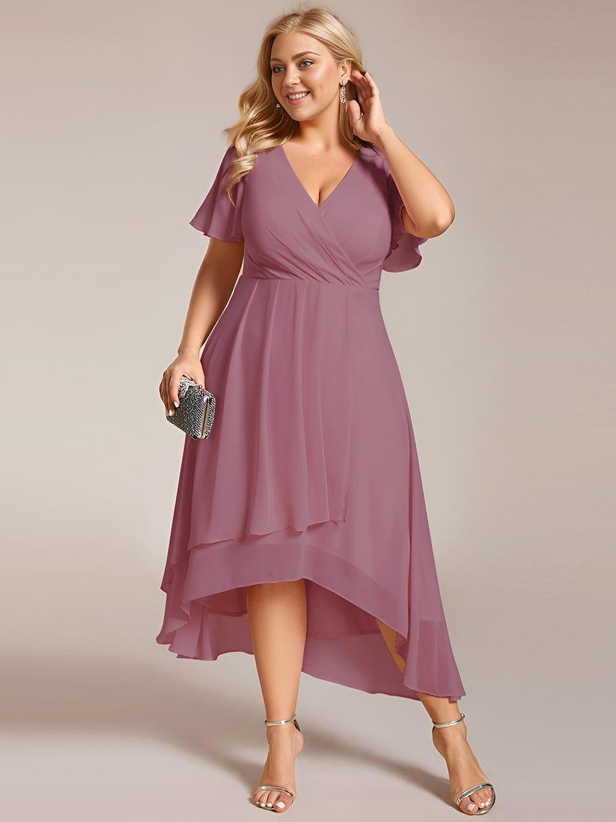 pretty LARK|Plus Size Chiffon Short Sleeves Pleated V-Neck A-Line Midi Wedding Guest Dress