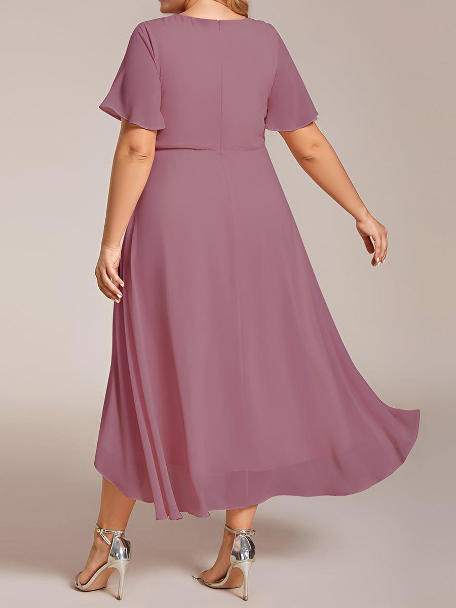 pretty LARK|Plus Size Chiffon Short Sleeves Pleated V-Neck A-Line Midi Wedding Guest Dress