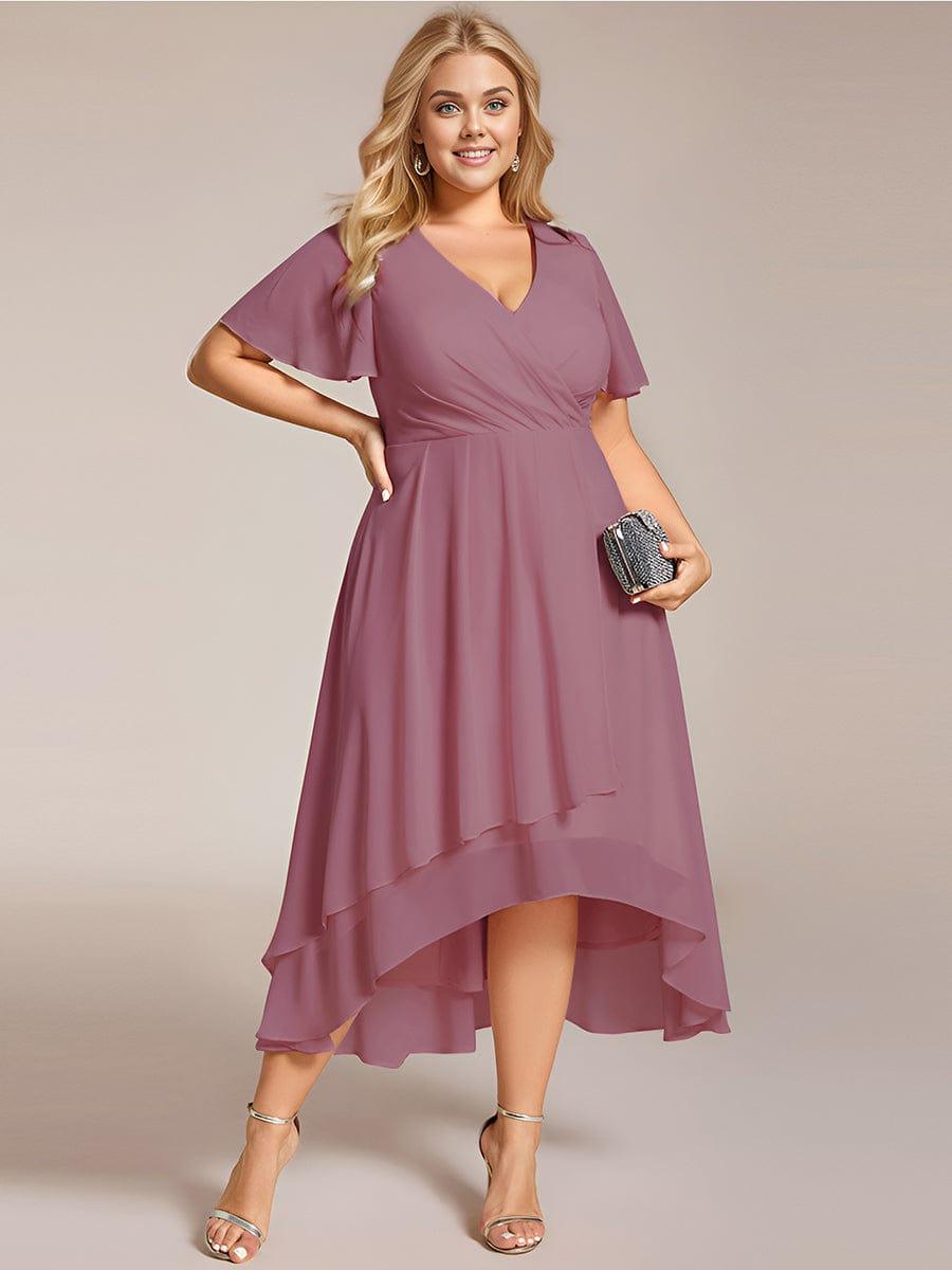 pretty LARK|Plus Size Chiffon Short Sleeves Pleated V-Neck A-Line Midi Wedding Guest Dress