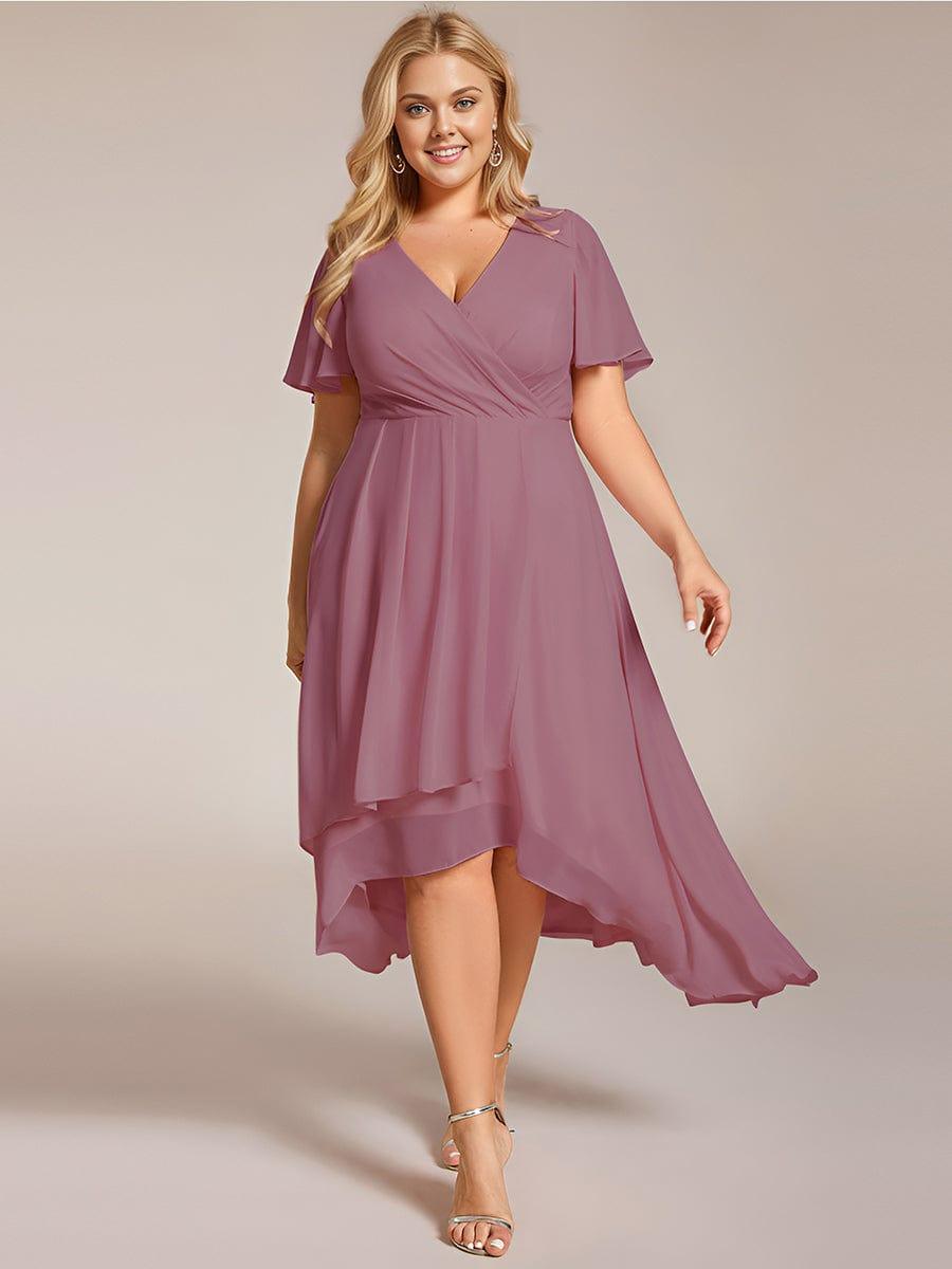 pretty LARK|Plus Size Chiffon Short Sleeves Pleated V-Neck A-Line Midi Wedding Guest Dress